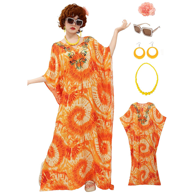 Women Kaftan Maxi Dresses Bohemian Dress Beach Floral Printed Dress With Necklace Earrings Eyeglasses Cosplay Costumes For Party Daily Wear
