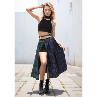 Women Low Waist Pleated Midi Skirt With Belt Plaid Slit Thigh Maxi US Size Skirt For Party Christmas Daily Wear