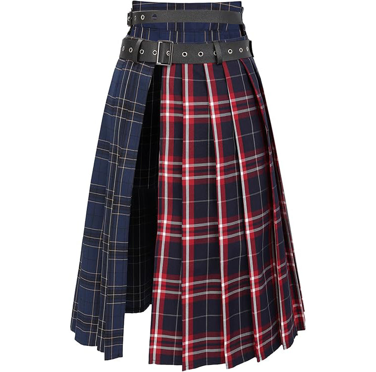 Women Low Waist Pleated Midi Skirt With Belt Plaid Slit Thigh Maxi US Size Skirt For Party Christmas Daily Wear