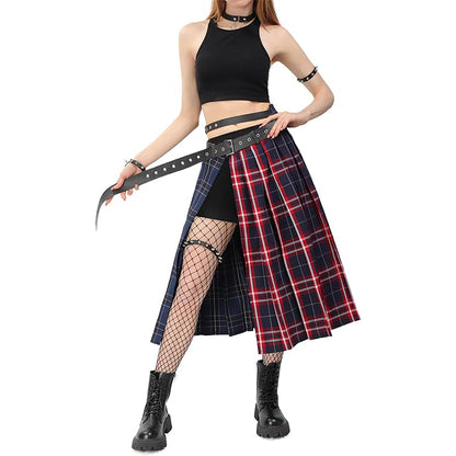 Women Low Waist Pleated Midi Skirt With Belt Plaid Slit Thigh Maxi US Size Skirt For Party Christmas Daily Wear