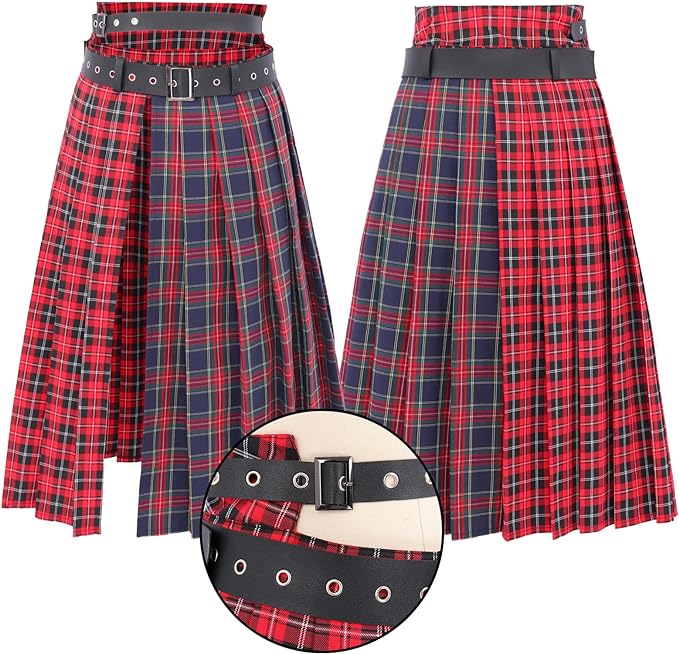 Women Low Waist Pleated Midi Skirt With Belt Plaid Slit Thigh Maxi US Size Skirt For Party Christmas Daily Wear