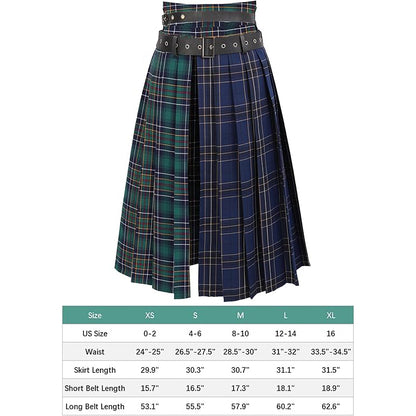 Women Low Waist Pleated Midi Skirt With Belt Plaid Slit Thigh Maxi US Size Skirt For Party Christmas Daily Wear