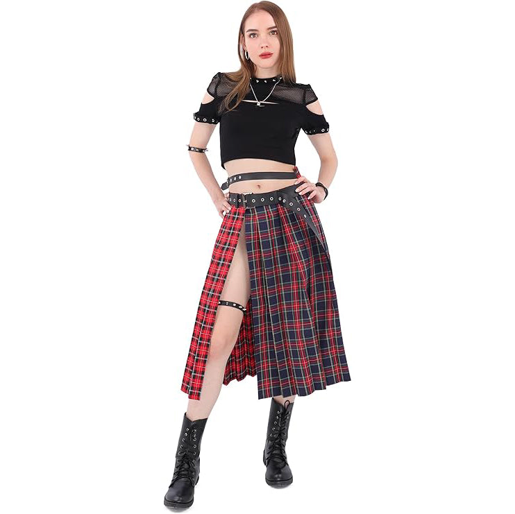 Women Low Waist Pleated Midi Skirt With Belt Plaid Slit Thigh Maxi US Size Skirt For Party Christmas Daily Wear