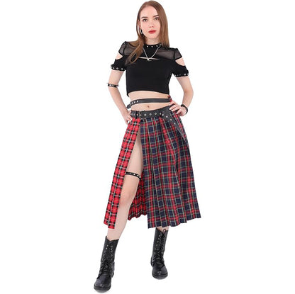 Women Low Waist Pleated Midi Skirt With Belt Plaid Slit Thigh Maxi US Size Skirt For Party Christmas Daily Wear