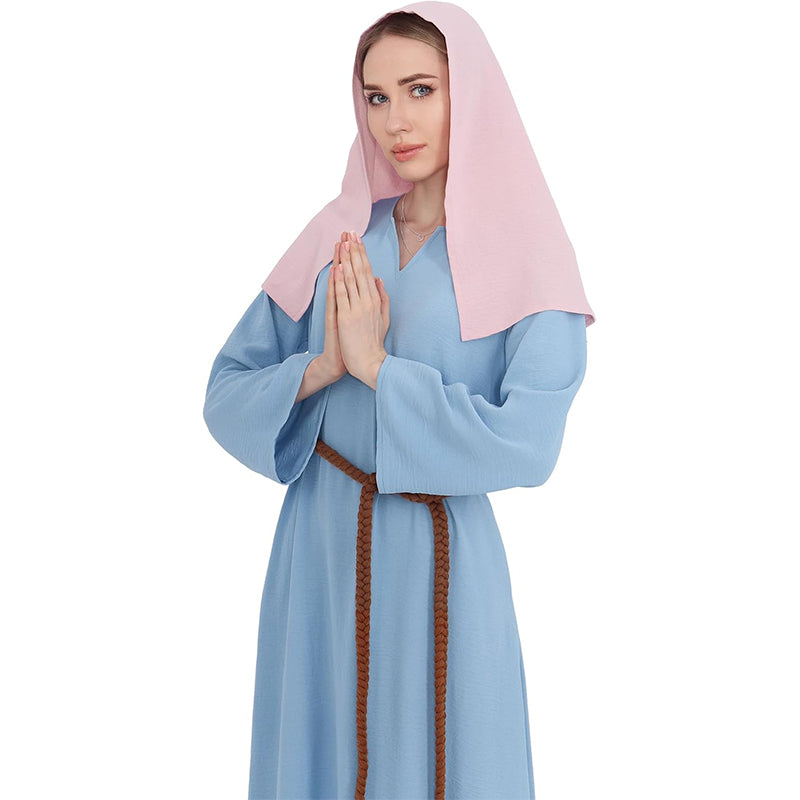 Women Mary Blue Dress Robe Biblical Peasant Costume With Purple Veil Medieval Renaissance Robe Dress Cosplay Costumes