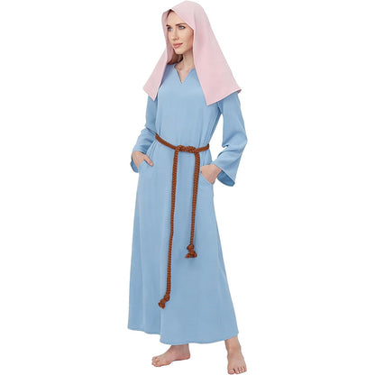 Women Mary Blue Dress Robe Biblical Peasant Costume With Purple Veil Medieval Renaissance Robe Dress Cosplay Costumes