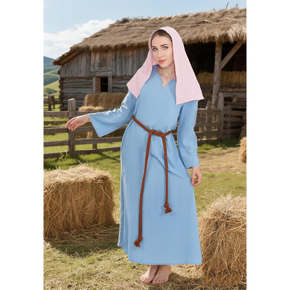 Women Mary Blue Dress Robe Biblical Peasant Costume With Purple Veil Medieval Renaissance Robe Dress Cosplay Costumes