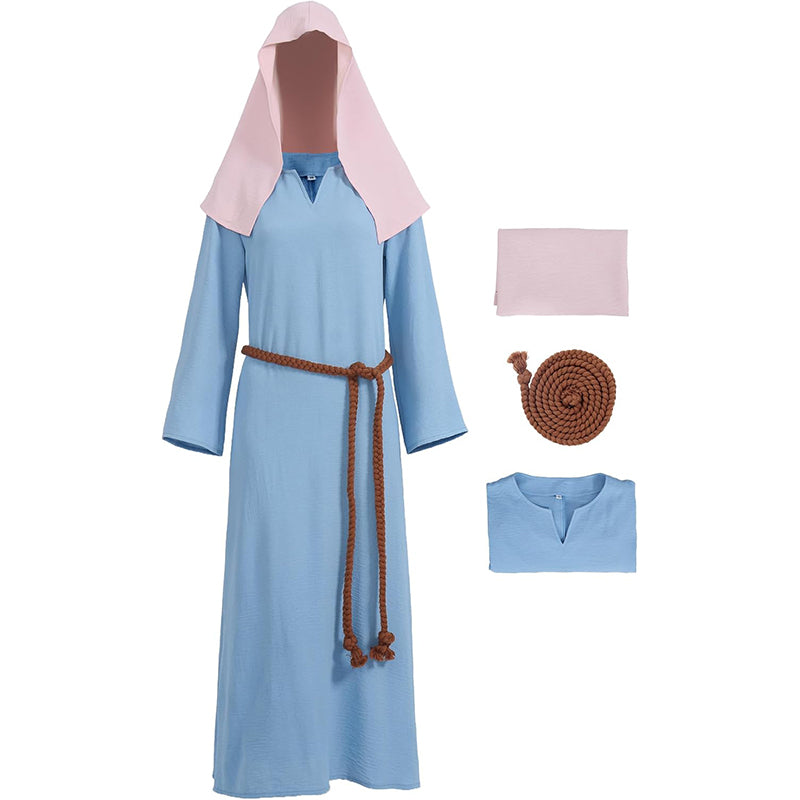 Women Mary Blue Dress Robe Biblical Peasant Costume With Purple Veil Medieval Renaissance Robe Dress Cosplay Costumes