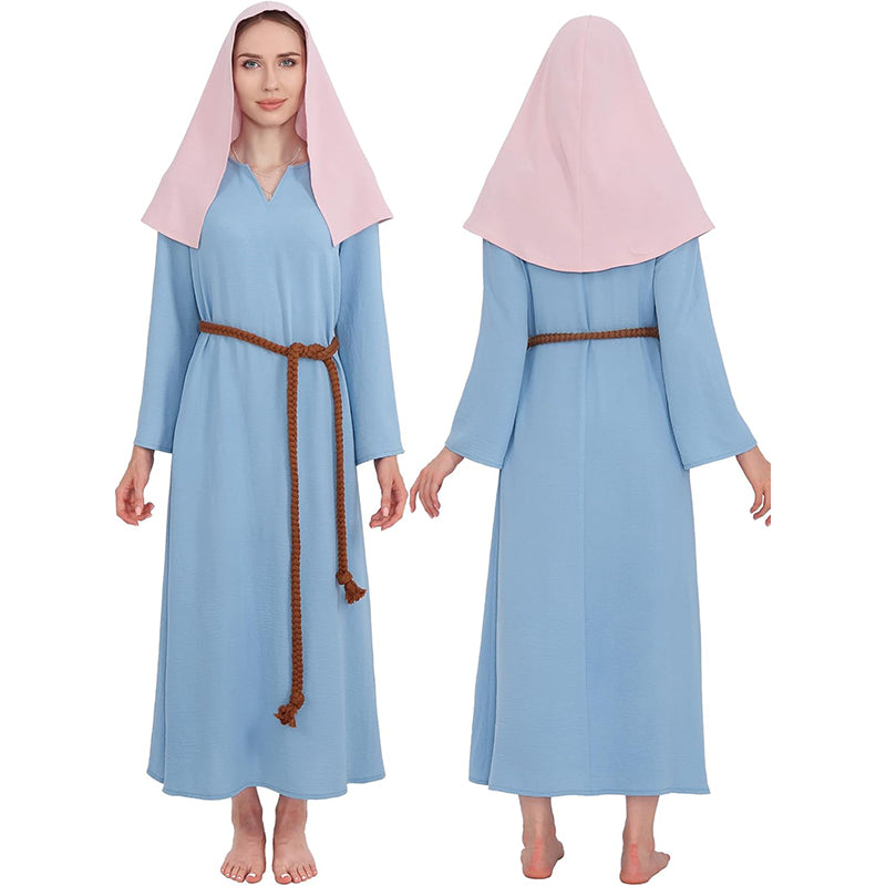 Women Mary Blue Dress Robe Biblical Peasant Costume With Purple Veil Medieval Renaissance Robe Dress Cosplay Costumes