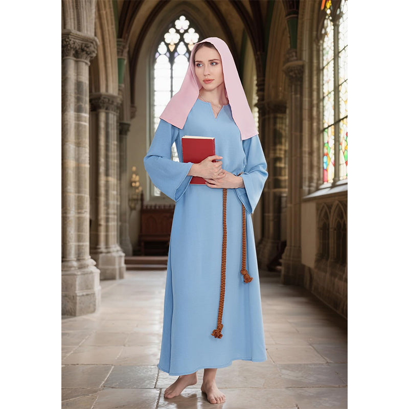 Women Mary Blue Dress Robe Biblical Peasant Costume With Purple Veil Medieval Renaissance Robe Dress Cosplay Costumes XS