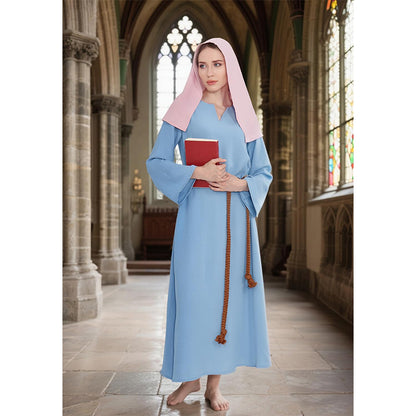Women Mary Blue Dress Robe Biblical Peasant Costume With Purple Veil Medieval Renaissance Robe Dress Cosplay Costumes