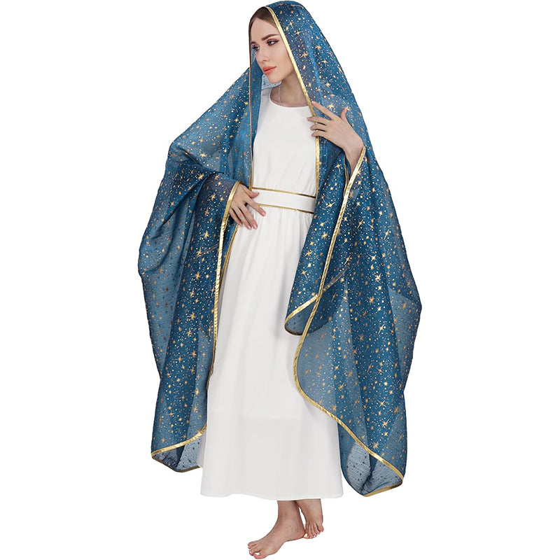 Women Mary Blue Veil Shawl Wrap Blanket Scarf With Stars Medieval Renaissance Biblical Shawl Cosplay Costume Accessories