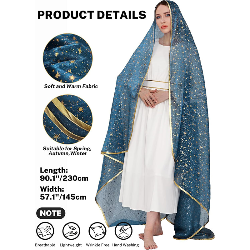 Women Mary Blue Veil Shawl Wrap Blanket Scarf With Stars Medieval Renaissance Biblical Shawl Cosplay Costume Accessories