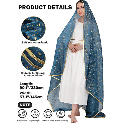 Women Mary Blue Veil Shawl Wrap Blanket Scarf With Stars Medieval Renaissance Biblical Shawl Cosplay Costume Accessories