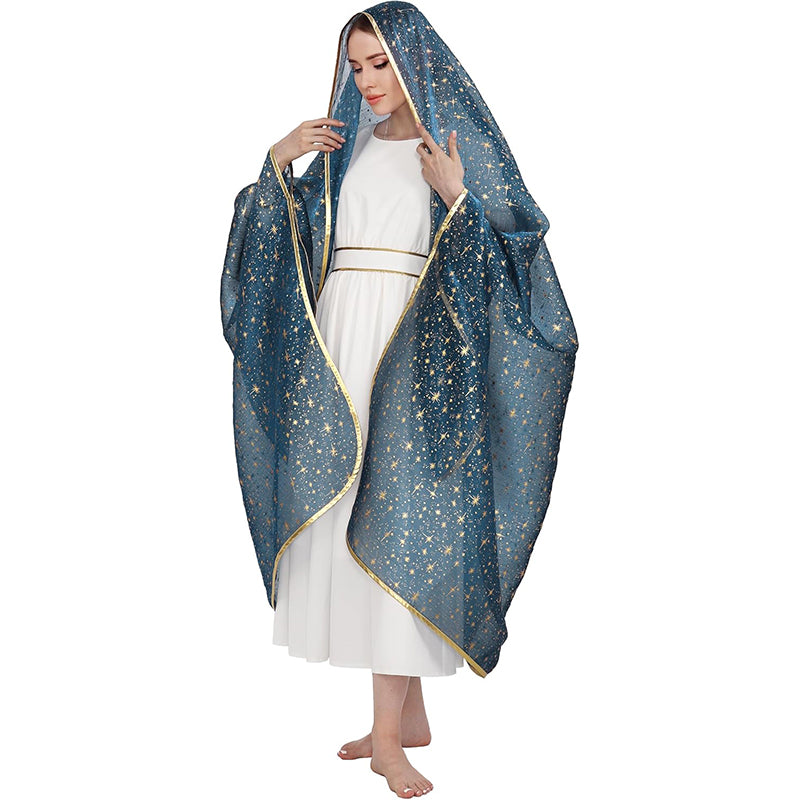 Women Mary Blue Veil Shawl Wrap Blanket Scarf With Stars Medieval Renaissance Biblical Shawl Cosplay Costume Accessories