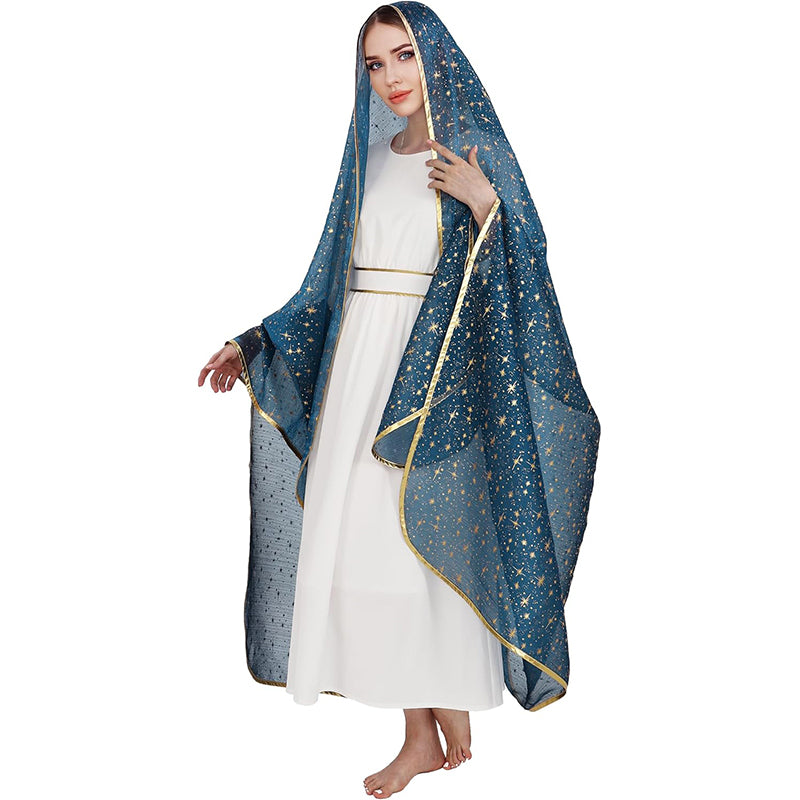 Women Mary Blue Veil Shawl Wrap Blanket Scarf With Stars Medieval Renaissance Biblical Shawl Cosplay Costume Accessories