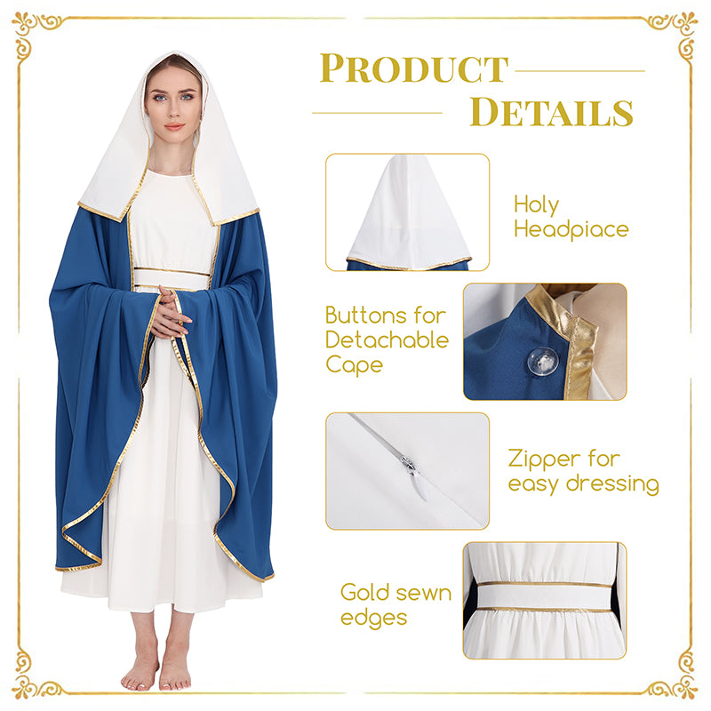 Women Mary Costume Adults Biblical Robe Irtysh Dress With Headwrap Cloak Cosplay Costume Outfit