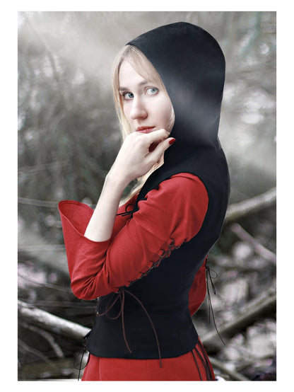Women Medieval Corset Vest Lace Up Sleeveless Pirate Gothic Hooded Corset Vest Costume Accessories