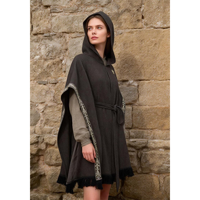 Women Medieval Hooded Cloak Shawl Scarf Renaissance Post-apocalyptic Fantasy Poncho Wrap Celtic Cape With Tassel Brooch Cosplay Costume For Party Daily Wear