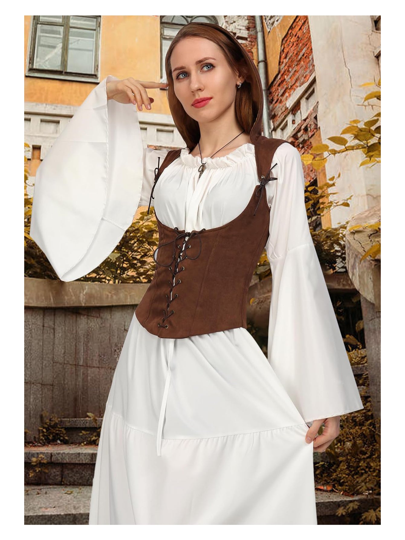 Women Medieval Corset Vest Lace Up Sleeveless Pirate Gothic Hooded Corset Vest Costume Accessories