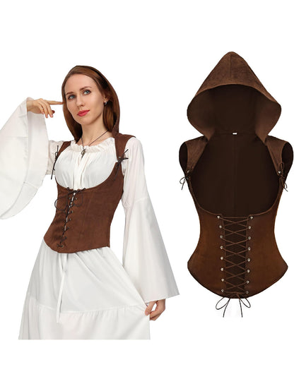 Women Medieval Corset Vest Lace Up Sleeveless Pirate Gothic Hooded Corset Vest Costume Accessories