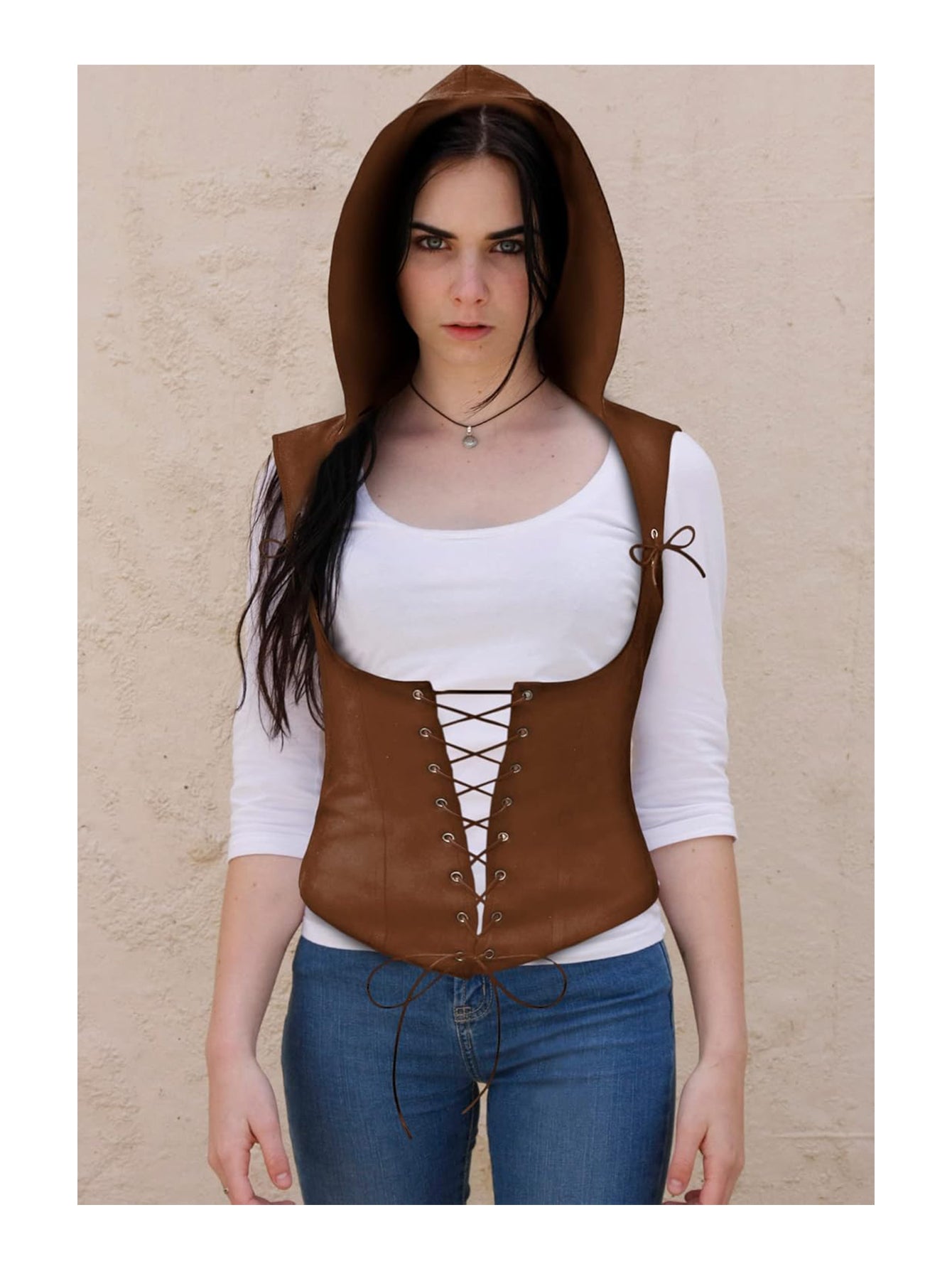Women Medieval Corset Vest Lace Up Sleeveless Pirate Gothic Hooded Corset Vest Costume Accessories