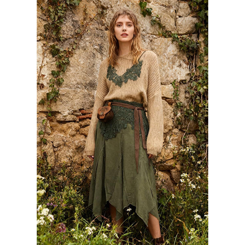 Women Medieval Fairy Skirt Victorian Asymmetrical Skirt Hem Flowy Layered Drape Forest Dweller Skirts With Bag Belt