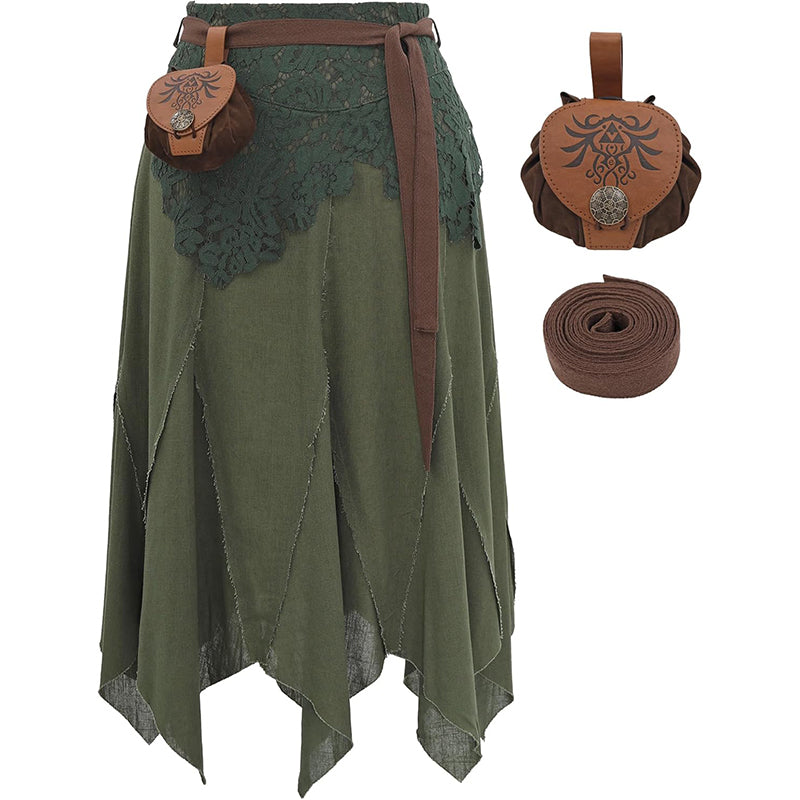 Women Medieval Fairy Skirt Victorian Asymmetrical Skirt Hem Flowy Layered Drape Forest Dweller Skirts With Bag Belt