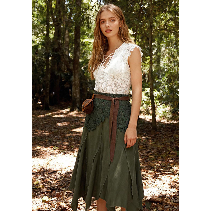 Women Medieval Fairy Skirt Victorian Asymmetrical Skirt Hem Flowy Layered Drape Forest Dweller Skirts With Bag Belt