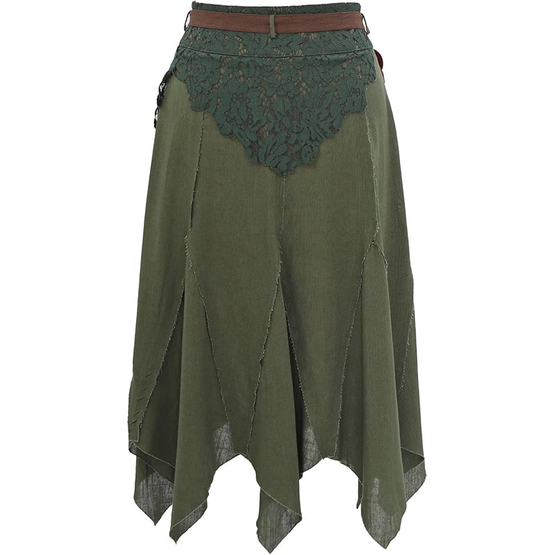 Women Medieval Fairy Skirt Victorian Asymmetrical Skirt Hem Flowy Layered Drape Forest Dweller Skirts With Bag Belt