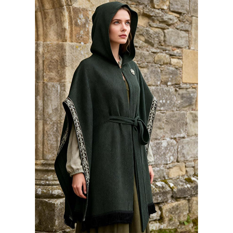 Women Medieval Hooded Cloak Shawl Scarf Renaissance Post-apocalyptic Fantasy Poncho Wrap Celtic Cape With Tassel Brooch Cosplay Costume For Party Daily Wear