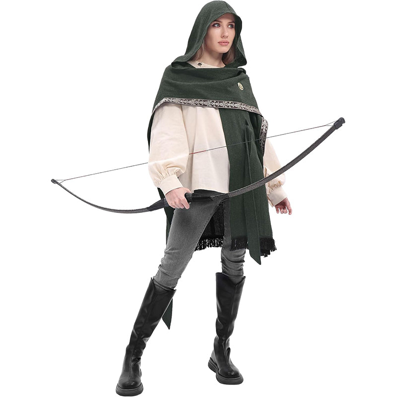 Women Medieval Hooded Cloak Shawl Scarf Renaissance Post-apocalyptic Fantasy Poncho Wrap Celtic Cape With Tassel Brooch Cosplay Costume For Party Daily Wear
