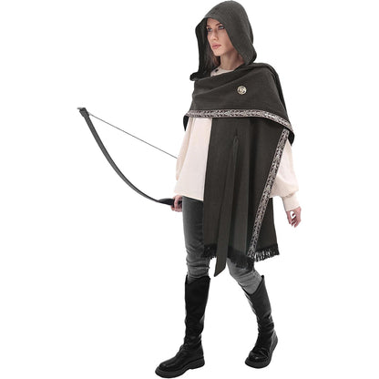 Women Medieval Hooded Cloak Shawl Scarf Renaissance Post-apocalyptic Fantasy Poncho Wrap Celtic Cape With Tassel Brooch Cosplay Costume For Party Daily Wear
