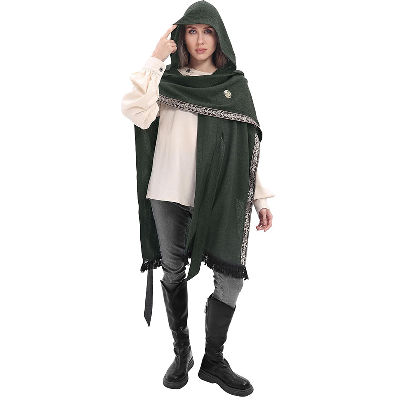 Women Medieval Hooded Cloak Shawl Scarf Renaissance Post-apocalyptic Fantasy Poncho Wrap Celtic Cape With Tassel Brooch Cosplay Costume For Party Daily Wear