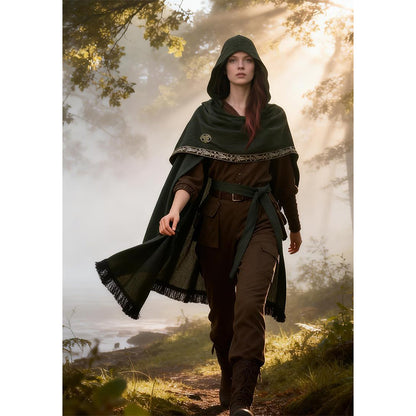 Women Medieval Hooded Cloak Shawl Scarf Renaissance Post-apocalyptic Fantasy Poncho Wrap Celtic Cape With Tassel Brooch Cosplay Costume For Party Daily Wear