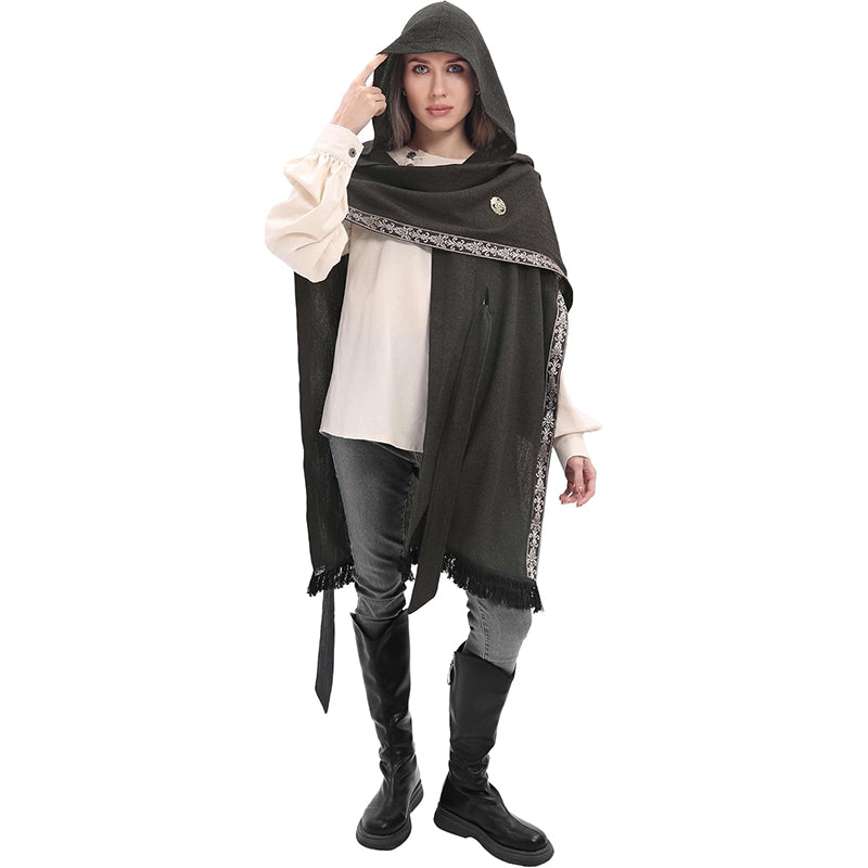 Women Medieval Hooded Cloak Shawl Scarf Renaissance Post-apocalyptic Fantasy Poncho Wrap Celtic Cape With Tassel Brooch Cosplay Costume For Party Daily Wear