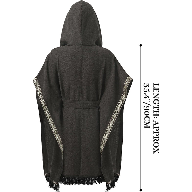 Women Medieval Hooded Cloak Shawl Scarf Renaissance Post-apocalyptic Fantasy Poncho Wrap Celtic Cape With Tassel Brooch Cosplay Costume For Party Daily Wear