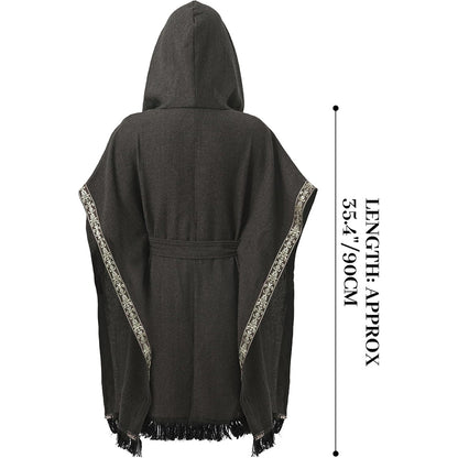 Women Medieval Hooded Cloak Shawl Scarf Renaissance Post-apocalyptic Fantasy Poncho Wrap Celtic Cape With Tassel Brooch Cosplay Costume For Party Daily Wear