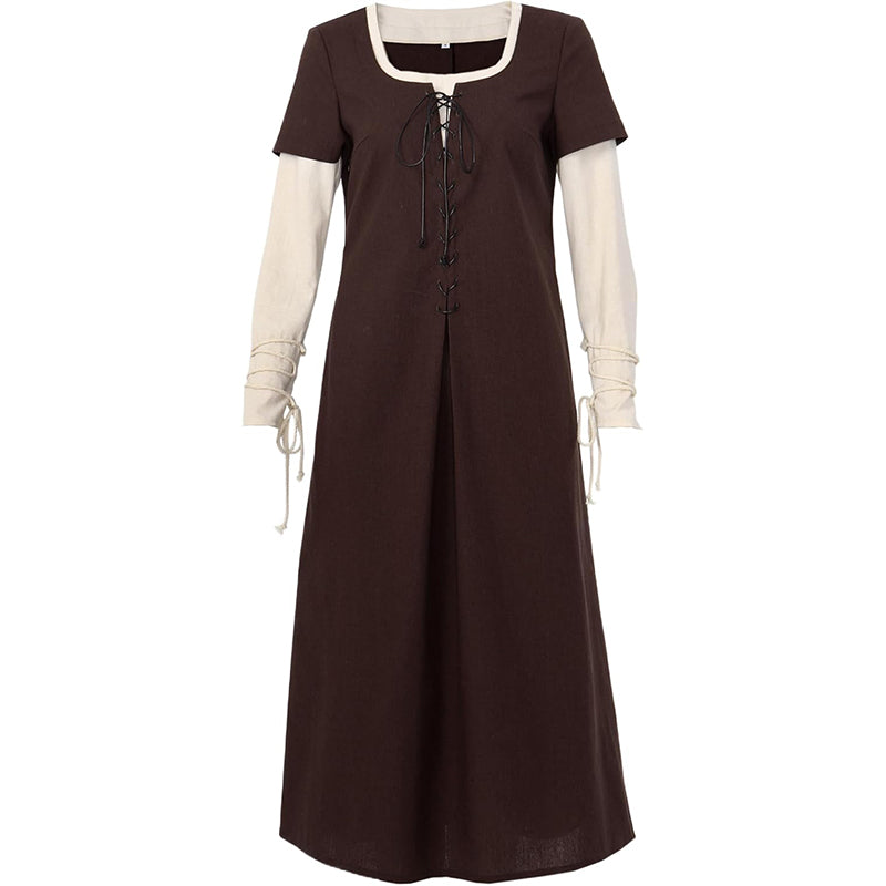 Women Medieval Renaissance Linen Dress Retro Fake Two Pieces Peasant Underdress Cosplay Costume Long Dress