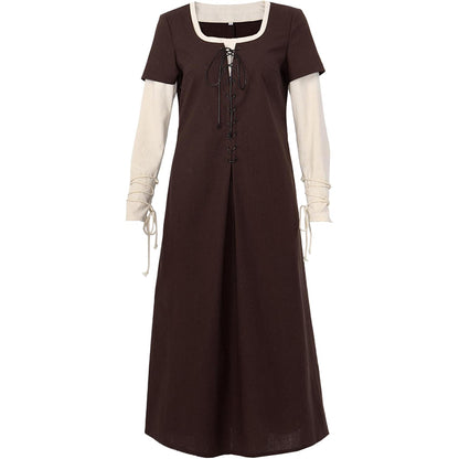 Women Medieval Renaissance Linen Dress Retro Fake Two Pieces Peasant Underdress Cosplay Costume Long Dress