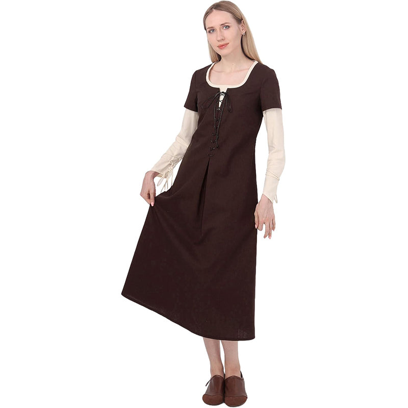 Women Medieval Renaissance Linen Dress Retro Fake Two Pieces Peasant Underdress Cosplay Costume Long Dress XS Women Medieval Renaissance Linen Dress Retro Fake Two Pieces Peasant Underdress Cosplay Costume Long Dress XS