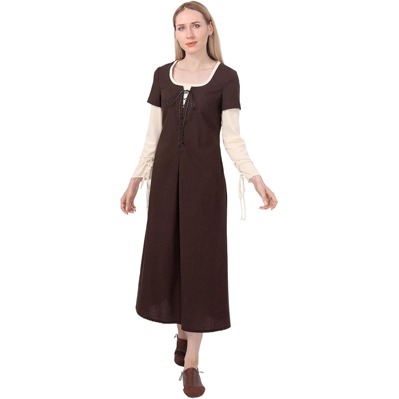 Women Medieval Renaissance Linen Dress Retro Fake Two Pieces Peasant Underdress Cosplay Costume Long Dress