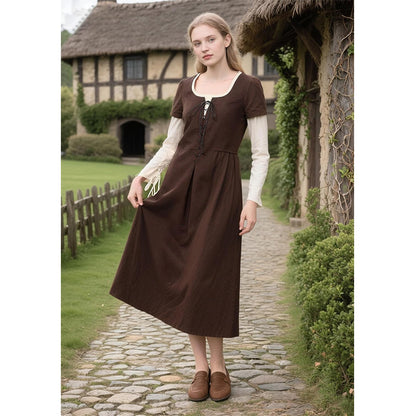 Women Medieval Renaissance Linen Dress Retro Fake Two Pieces Peasant Underdress Cosplay Costume Long Dress