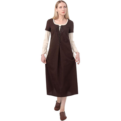 Women Medieval Renaissance Linen Dress Retro Fake Two Pieces Peasant Underdress Cosplay Costume Long Dress