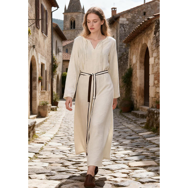 Women Medieval Renaissance Linen Underdress With Belt Chemise Peasant Dress Cosplay Costume Long Dress