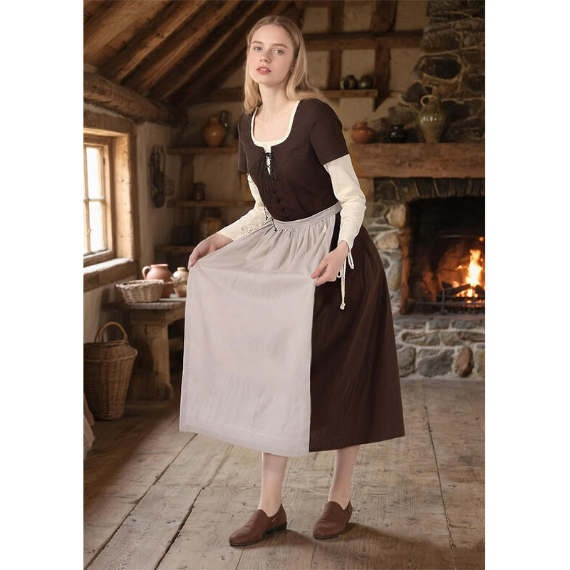 Women Medieval Renaissance Linen Dress Retro Fake Two Pieces Peasant Underdress Cosplay Costume Long Dress