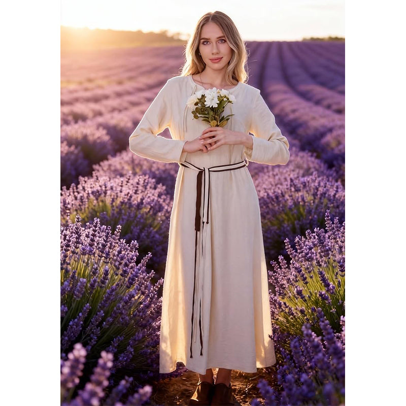 Women Medieval Renaissance Linen Underdress With Belt Chemise Peasant Dress Cosplay Costume Long Dress