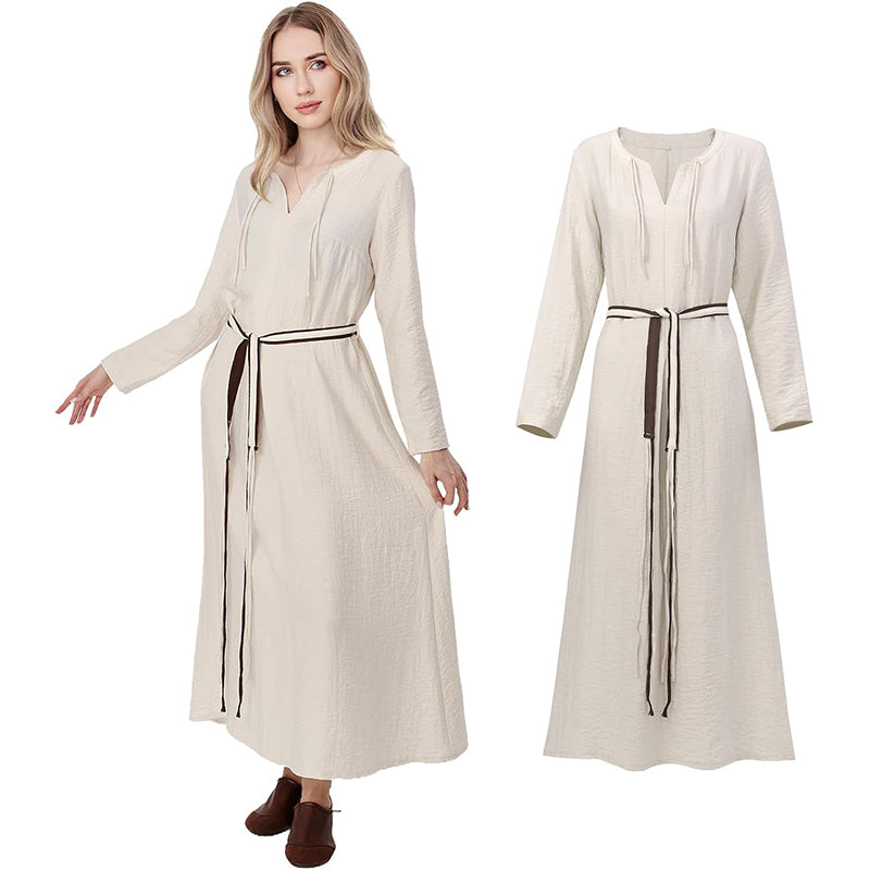 Women Medieval Renaissance Linen Underdress With Belt Chemise Peasant Dress Cosplay Costume Long Dress
