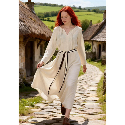 Women Medieval Renaissance Linen Underdress With Belt Chemise Peasant Dress Cosplay Costume Long Dress