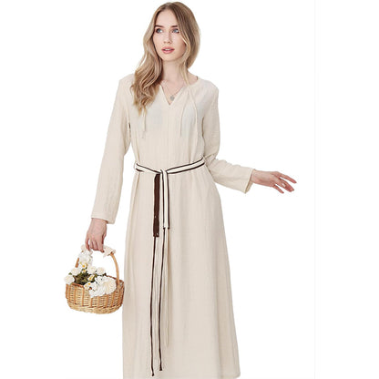 Women Medieval Renaissance Linen Underdress With Belt Chemise Peasant Dress Cosplay Costume Long Dress